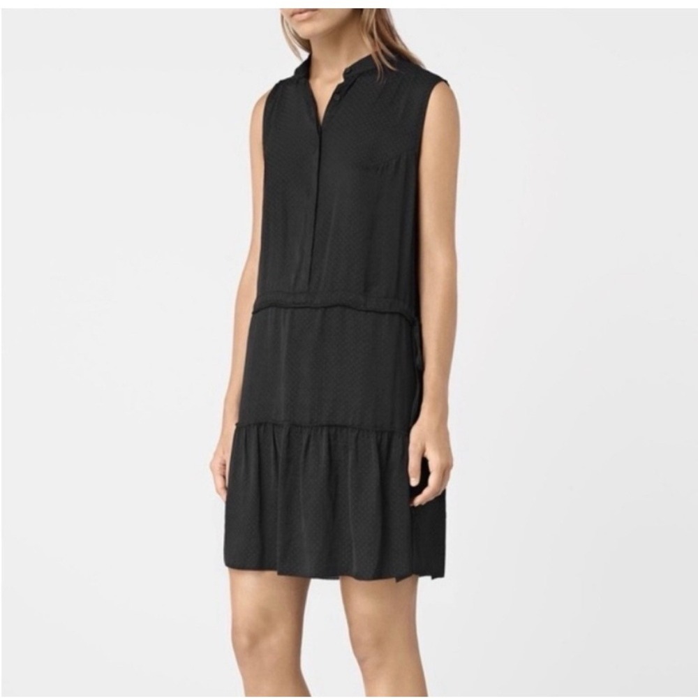 AllSaints Black Pin Dot Sleeveless Tiered Mini Dress US‎ 4 Drawstring Waist